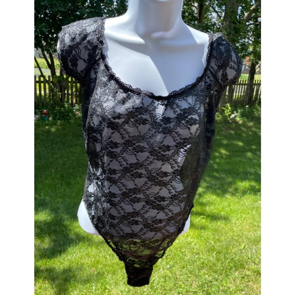 Vintage Victoria's Secret Black Lace & Mesh Bodysuit L/G High Cut  Unlined Thong